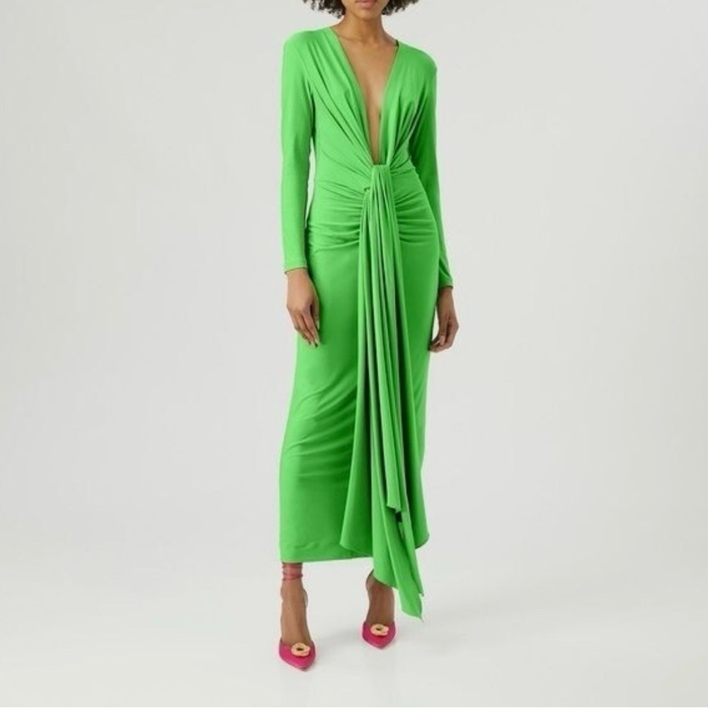 Solace London Lorena Dress Green Plunge Neck Midi Long Sleeve Draped Bodycon XS
